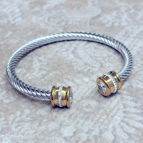 Gold & Silver Two-Tone Twisted Cable Cuff Bangle Bracelet Crystal Rhinestone - Picture 2 of 12